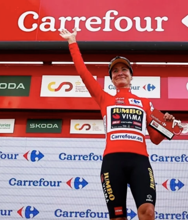 Voxwomen's tweet image. .@marianne_vos is the only rider to have won a stage in all three races, the @LeTourFemmes, @giro_donne and  @LaVueltaFem with the leader's jersey on her shoulders 🐐
