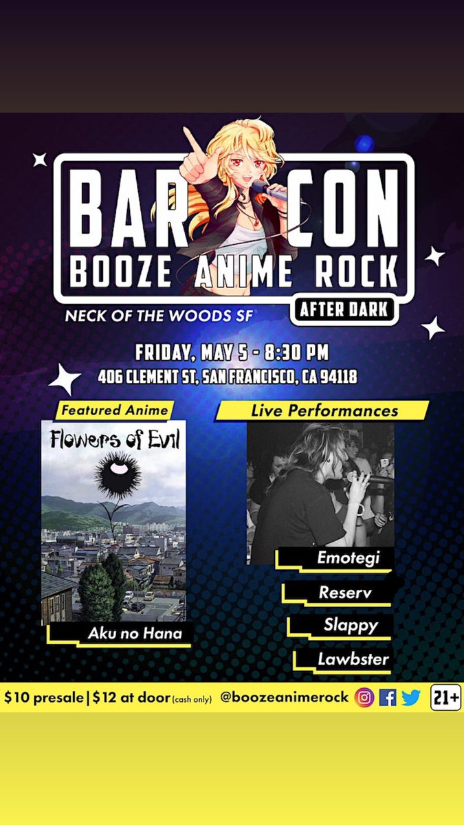 Barcon: <a href="/boozeanimerock/">BAR CON</a> tomorrow May 5th at Neck of the Woods San Francisco

Screening Aku no Hana (Flowers of Evil)

with:
<a href="/slappyowo/">Slappy</a> 
<a href="/reserrvv/">Reserv</a> 
lawbster

eventbrite.com/e/barcon-after…