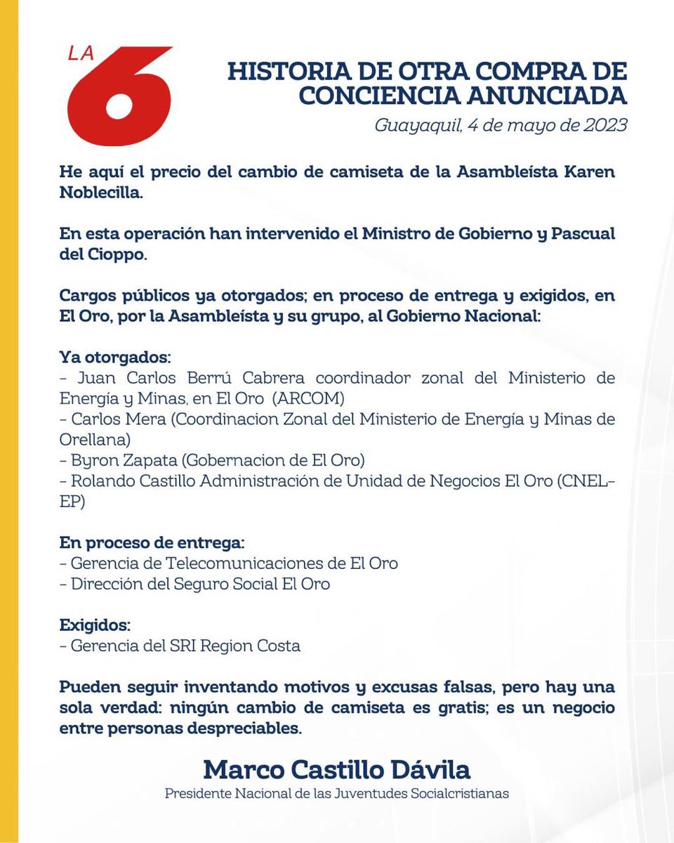radio_pichincha's tweet photo. 🔴#ATENCIÓN | El PSC revela que el Ministro de Gobierno y Pascual del Cioppo intervinieron para que la asambleísta @KarenNoblecill7 deje la bancada socialcristiana. Afirma que se ha entregado una coordinación zonal del Ministerio de Energía; la Gobernación de El Oro y que está en proceso de entrega la gerencia de Telecomunicaciones de El Oro y la dirección del seguro social de esta provincia.
