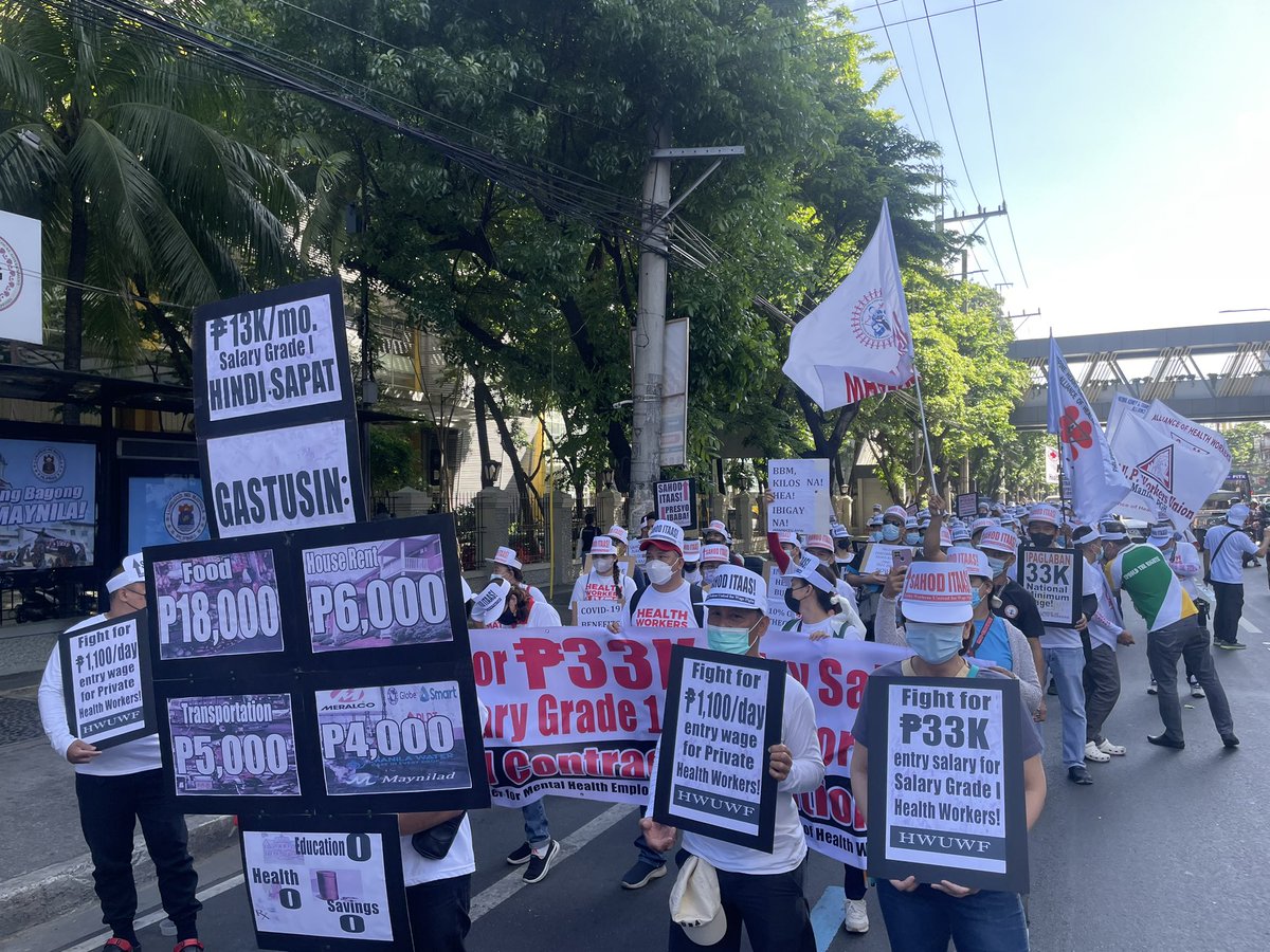 kaithreencruz's tweet photo. LOOK: Ahead of the Health Workers’ Day on May 7, healthcare workers call for an entry level salary of P33,000 and P1,100 daily wage for private health workers amid rising prices of commodities.

They also ask to end contractualization among hospital employees.

@cnnphilippines https://t.co/SCq0rt69vX