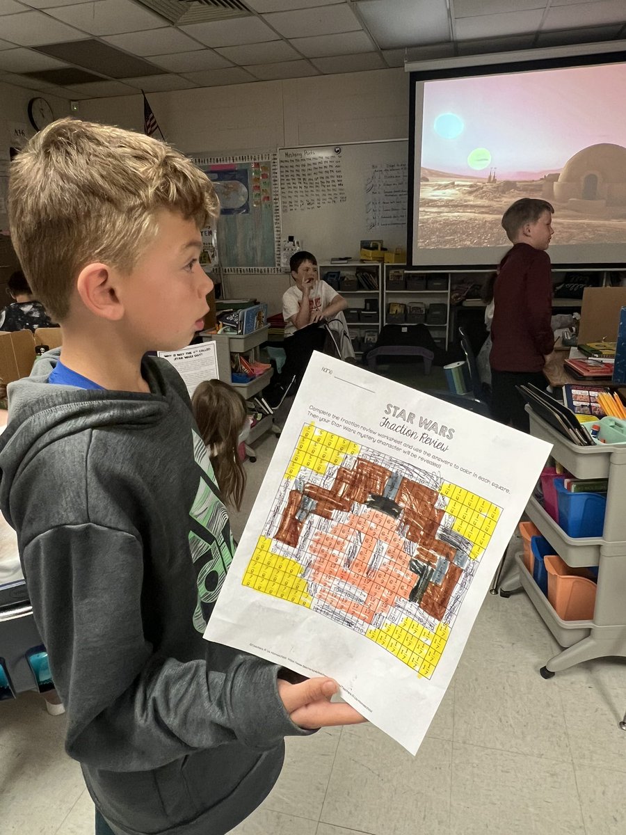Aamar4th's tweet photo. May the 4th be with you. School’s more fun set in Tatooine with soft Star Wars music playing. We started our day with a Star Wars would you rather. In math we reviewed elapsed time and fractions with Star Wars activities. Then we read about the history of Star Wars day @mvesycsd https://t.co/v46tiQJYCt