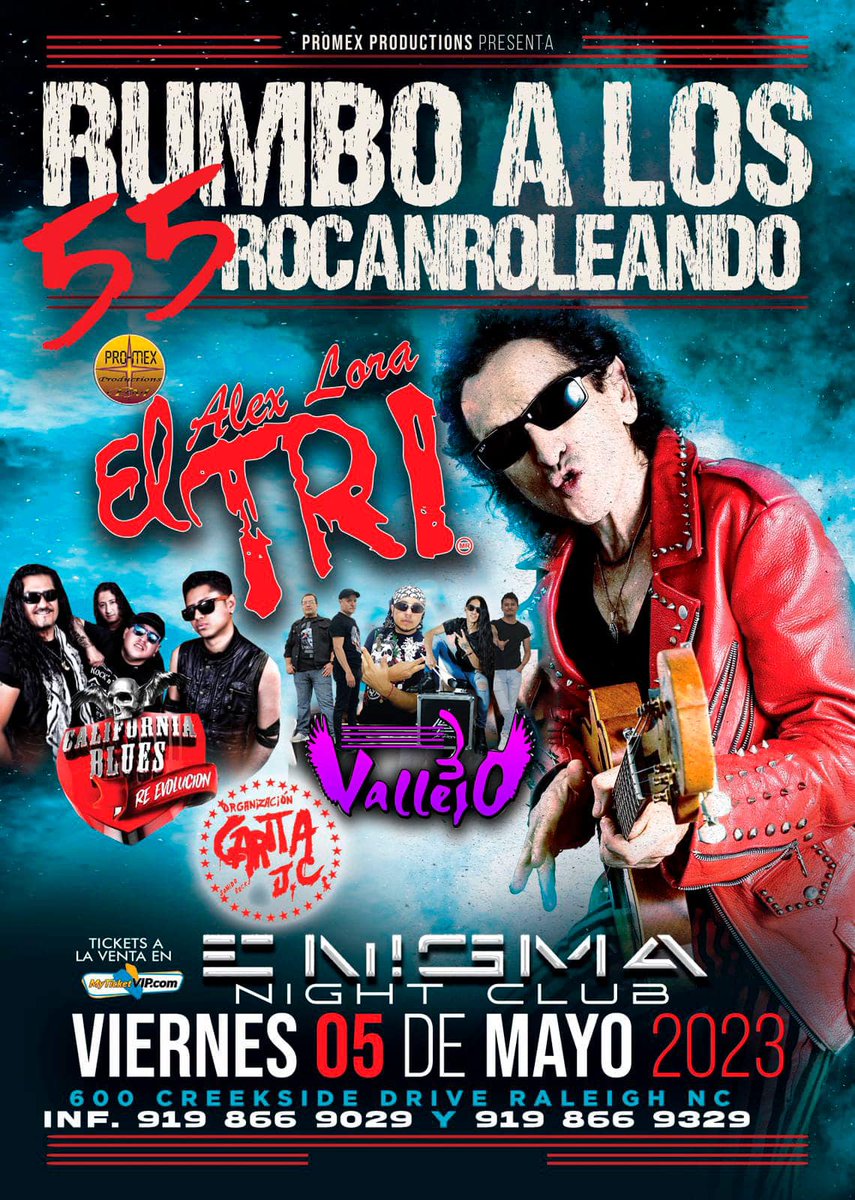 Rock_Urbano's tweet photo. 5 Mayo 2023 / Enigma Night Club / Raleigh NC / 9PM
RUMBO A LOS 55 AÑOS ROCANROLEANDO
El Tri (@eltridemexico)
California Blues
3 Vallejo
#TocadaRaleigh #TocadaNorthCarolina #TocadasRockUrbano #RockUrbano #RockNacional #RockMexicano #ElTri #3Vallejo #TresVallejo #CaliforniaBlues https://t.co/4Fdi9lqKTl