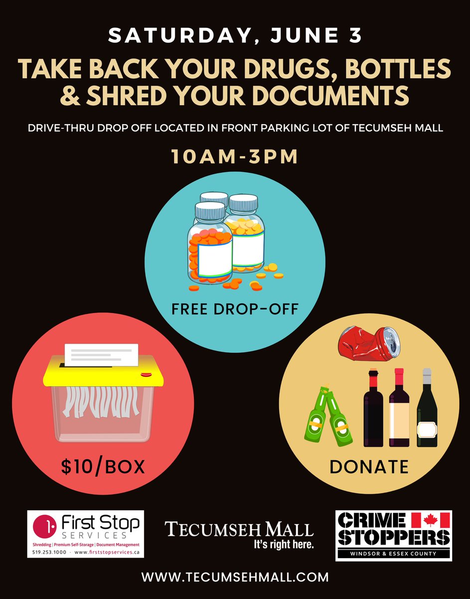 CStoppers's tweet photo. WE’RE BACK at @tecumsehmall on Saturday, June 3rd between 10:00 AM - 3:00 PM for another year of Take Back Your Drugs, Bottles &amp; Shred Your Documents event with #FirstStopServices ! ♻️

Can’t wait to see you at our drive-thru drop-off! ☀️ https://t.co/vpJ0b4mNpZ