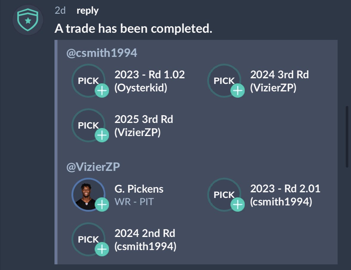 cgsmith11194's tweet image. Deals are happening! Inherited an orphan three days ago and got right to work on three blockbuster deals that overall now have my starters ranked first in the league per @KeepTradeCut :)
