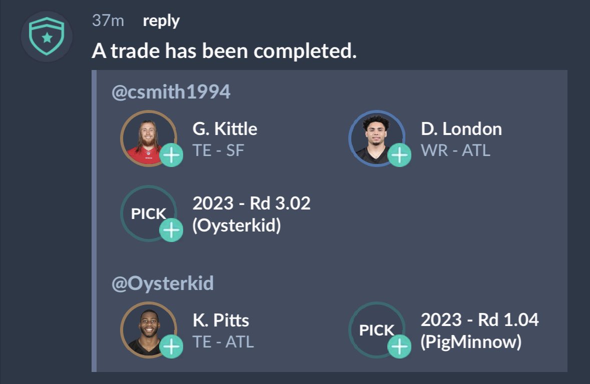cgsmith11194's tweet image. Deals are happening! Inherited an orphan three days ago and got right to work on three blockbuster deals that overall now have my starters ranked first in the league per @KeepTradeCut :)