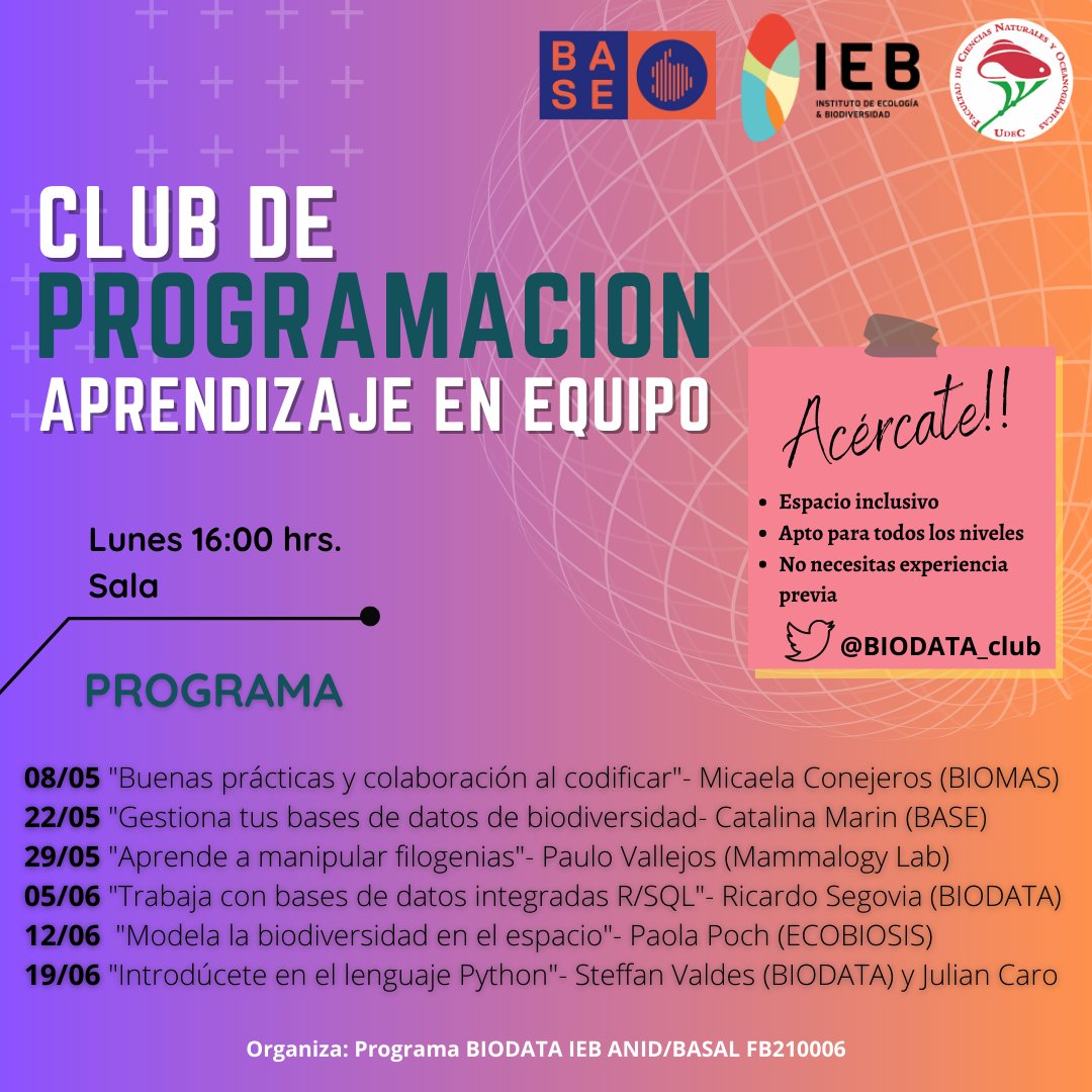 BIODATA_club (@biodata_club) on Twitter photo Volvemos con todo este semestre!, cronograma de talleres del club de programación, partimos la próxima semana!
<a href="/BIODATA_club/">BIODATA_club</a> Volvemos con todo este semestre!, cronograma de talleres del club de programación, partimos la próxima semana!
<a href="/BIODATA_club/">BIODATA_club</a>