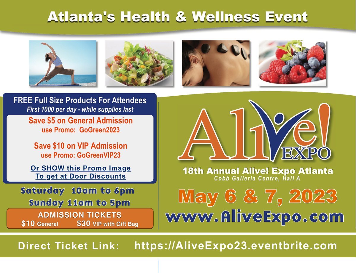 Come by Alive Expo this weekend and receive $45 in full size products! Join in free Yoga classes, get samples from vendors, listen to live lectures.  Saturday &amp; Sunday, May 6 &amp; 7.  aliveexpo23.eventbrite.com