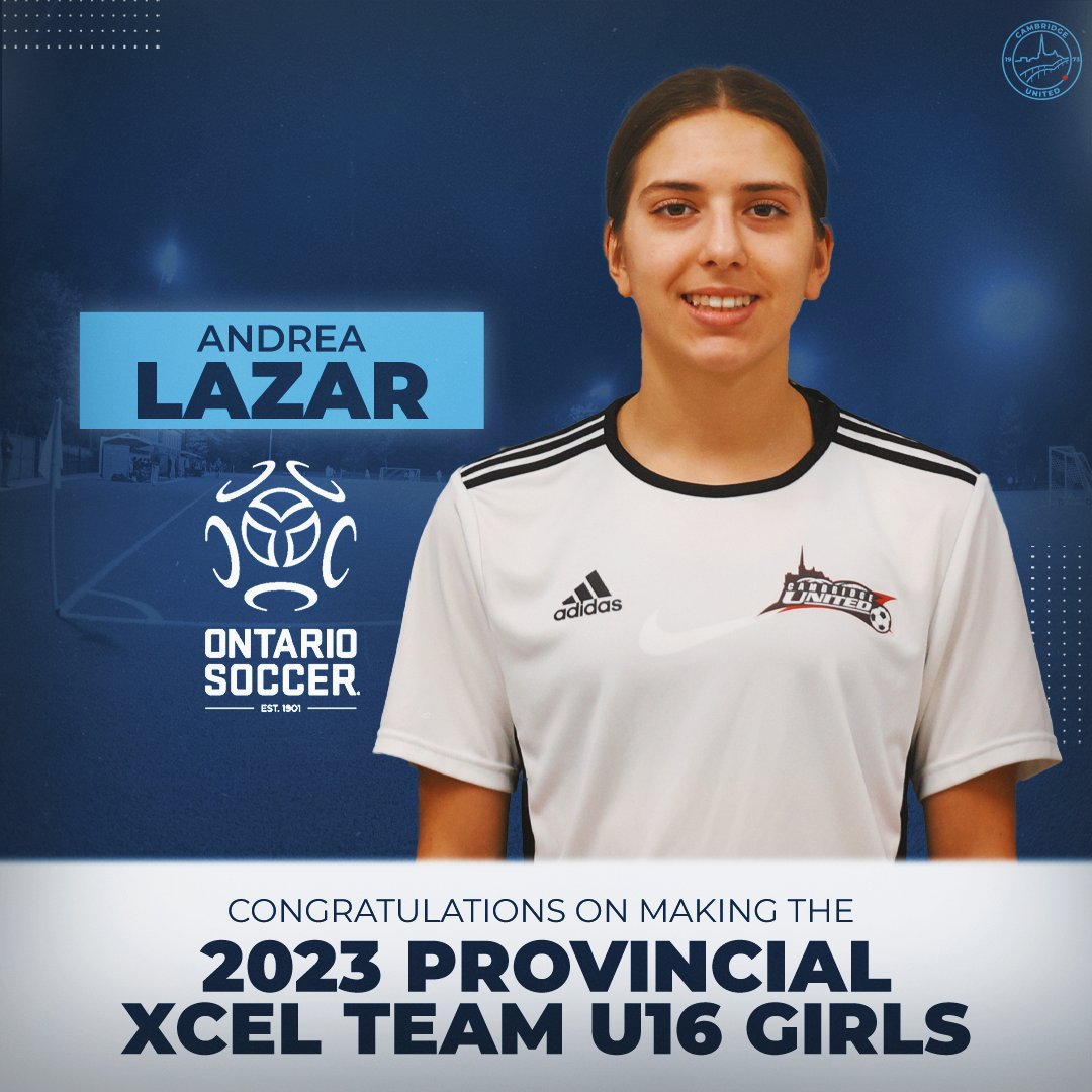CambridgeSoccer's tweet photo. Congratulations to Andrea Lazar on making the 2023 Provincial Xcel Team U16 Girls!
Well Deserved! 🤝
#cambridge #ontariosoccer #provincialteam #xcelteam #cambridgesoccer https://t.co/jJplAoLsHg