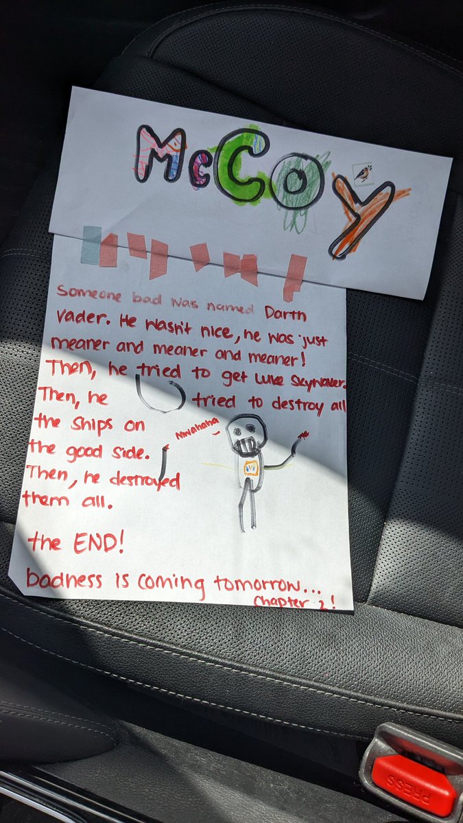 CopyCody's tweet image. My son loves Darth Vader and today his preschool teachers wrote down his Star Wars story he told them😂 #MayThe4thBeWithYou #StarWars #DarthVader