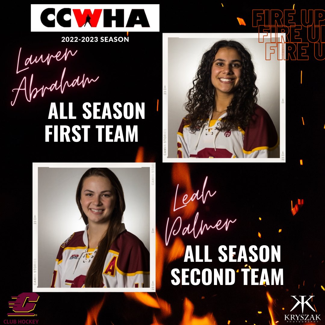 Cmuwclubhockey's tweet photo. Congratulations to our two players who made CCWHA All-Season teams!
Sophomore Goalie #29 Lauren Abraham- All Season First Team
Sophomore Defense #11 Leah Palmer- All Season Second Team
FIRE UP!🔥🤩 #CCWHA #FirstTeam #SecondTeam #AllSeason #CMU #ChippewaNation https://t.co/KvIayskf1v