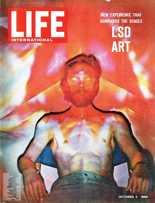 Bircrcactic artists, bombarding the spectator with all kinds
and combinations of effects, go
after every available nerve ending
from the eyes to the soles of the
feet. The voyager who wants to
blast off into inner space has the
choice of many routes. Richard
Aldcroft, shown at left and on the
cover, is enjoying a private and
highly intense psychedelic experience which is largely visual. He is
wearing translucent hemispheric
goggles which prevent binocular
vision—the normal state in which
both eyes see the same image. Instead, he sees separate images with
each eye and his mind tries to fuse
them. This effort disrupts his sense
of time and place and produces the
disorientation which is basic to the
psychedelic experience. Color patterns appear unexpectedly, assaulting his double fields of vision.
They can be ecstatically beautiful
—or terrifying. The images are
created by Aldcroft’s kaleidoscopic machine, which he calls the Infinity Projector. It casts a slowflowing sequence of ever-chan