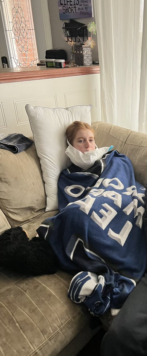 cormiki's tweet photo. @Xposed Bet you just made some ones day!! This girl is recovering from dental surgery but ready to cheer with her leafs blanket on. Lfg! 🤍💙🤍💙 https://t.co/0DprrePuux