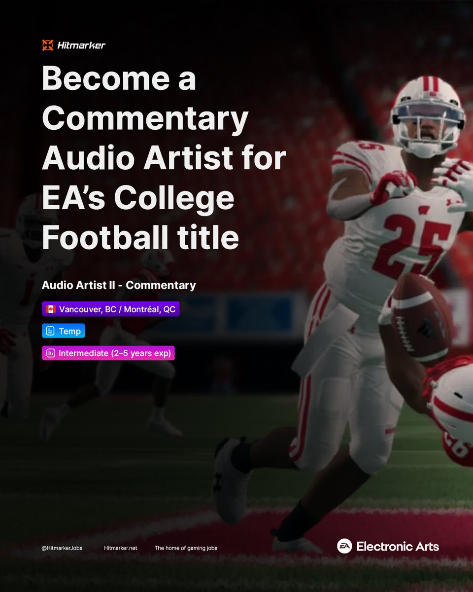 HitmarkerJobs's tweet photo. ... And what a perfect throw! 🎙️

@EA are searching for an Audio Artist to work on the commentary of their College Football title.

Help build VO systems, edit the quality of audio content, and manage audio assets.

Follow the script below. 👇 https://t.co/YzKifzVTG7