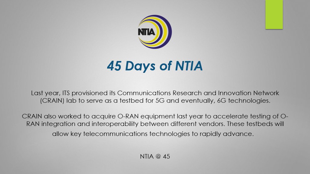 NTIAgov's tweet photo. Did You Know: Last year, ITS provisioned its Communications Research and Innovation Network (CRAIN) lab to serve as a testbed for 5G and eventually, 6G technologies?
​
Learn more about CRAIN in our #45DaysofNTIA Fact of the Day 👇 https://t.co/CTOh86SJO6