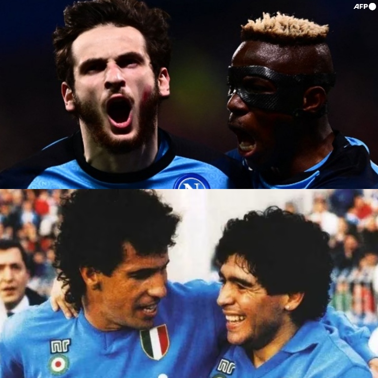 InvictosSomos's tweet photo. Y en unos años, cuando se hable del tercer Scudetto del Napoli, será imposible no mencionarlos a ellos. En su primera temporada juntos, Khvicha y Osimhen hicieron algo que no lograron jugadores históricos como Insigne, Hamsik, Cavani, Higuaín y Mertens. Regresaron al club del sur a la cima. Campeones de Italia. Se sentaron el trono. COMO MARADONA Y CARECA.