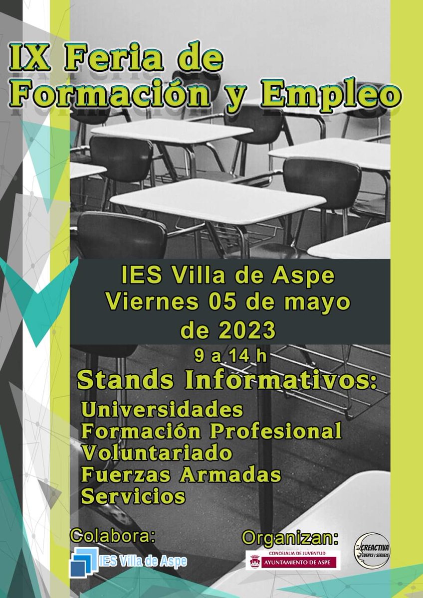 ieslaniaaspe's tweet photo. Mañana os esperamos en el IES VILLA DE ASPE para informar de nuestra oferta educativa de FP:
• G.Superior: Integración Social y Educación Infantil
• G.Medio: Gestión Administrativa y At. Pers. Sit. Dependencia
• G.Básico: Act. Dom. y Limpieza Edif. y Servicios Administrativos https://t.co/A5bCccT2UQ