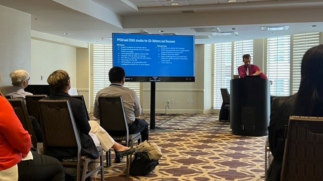 Current fellow, T.J. Biel, MD, presenting a difficult case at SOAP: Peripartum Cardiomyopathy and Operating Room Placement of Sheaths For Extra-Corporeal Membrane Oxygenation Prior to Cesarean Delivery in A Morbidly Obese Parturient.  #soapam2023