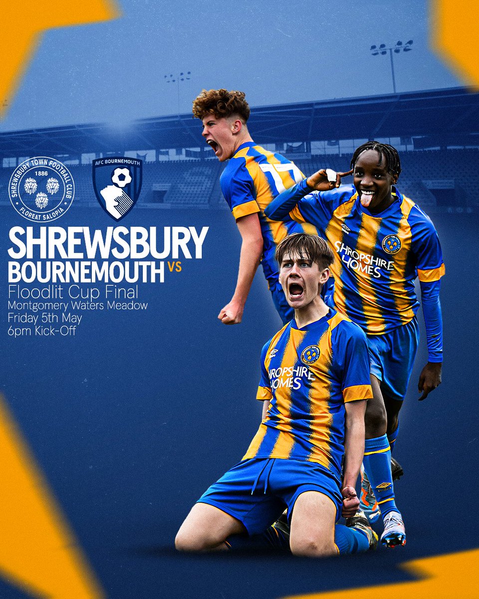 shrewsacademy's tweet photo. IT'S HERE! IT'S MATCHDAY!!!!!

Be sure to head down to The Meadow tonight as our U15's host @AFCB_Academy in the FloodLit Cup Final!

🎟️ - Tickets can be bought at the gate with it costing adults £3 and £1 for concession!

🔷🔶| #Salop https://t.co/hqmtC97Wo1