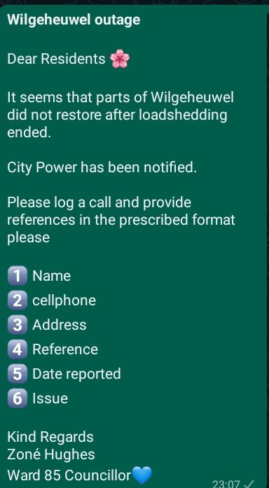 z_hughes_n's tweet photo. #JHBWARD85UPDATE #WILGEHEUWEL
I am aware that some parts of Wilgeheuwel did not restore after #loadsheding https://t.co/NsJzUB9Q2k
