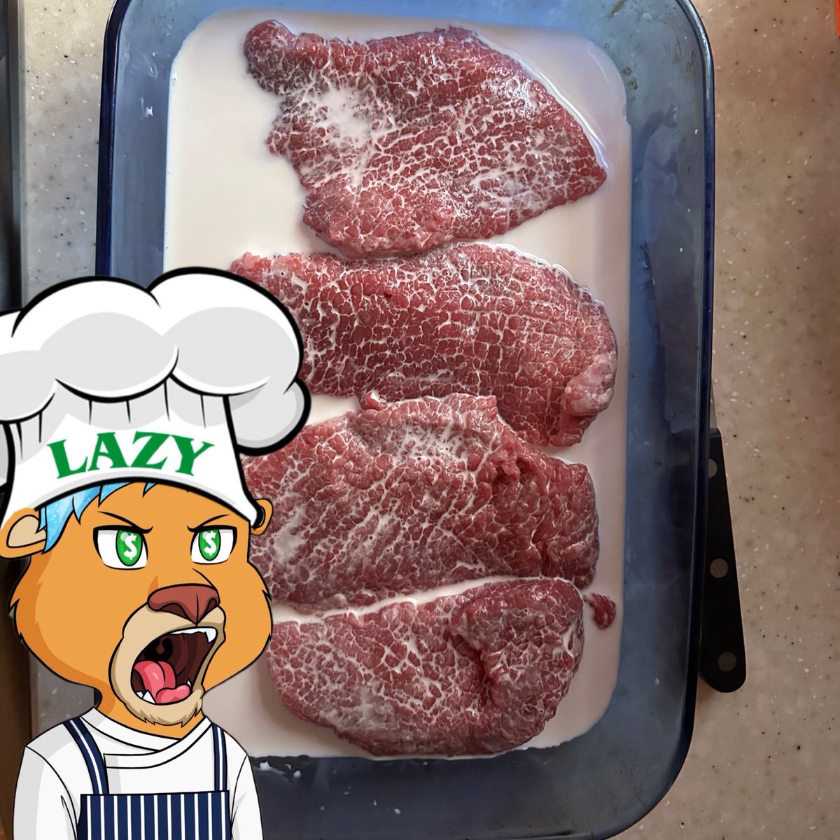 LazyCoCoLion's tweet photo. Okay fellow #LazyChefs… any tips for cooking cube steaks? So far I have them soaking in milk 🍼🦁 #ROAR @Lazychefs @LazyLionsNFT https://t.co/xntqUcee84