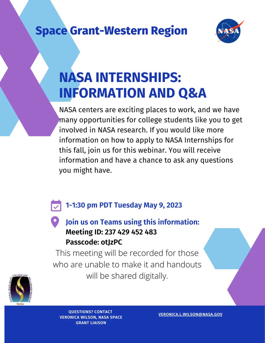 The #NASAInternships for the fall priority application deadline is quickly approaching (May 26). A @NASA_SpaceGrant informational session is available to go over the different opportunities for fall and answer questions.