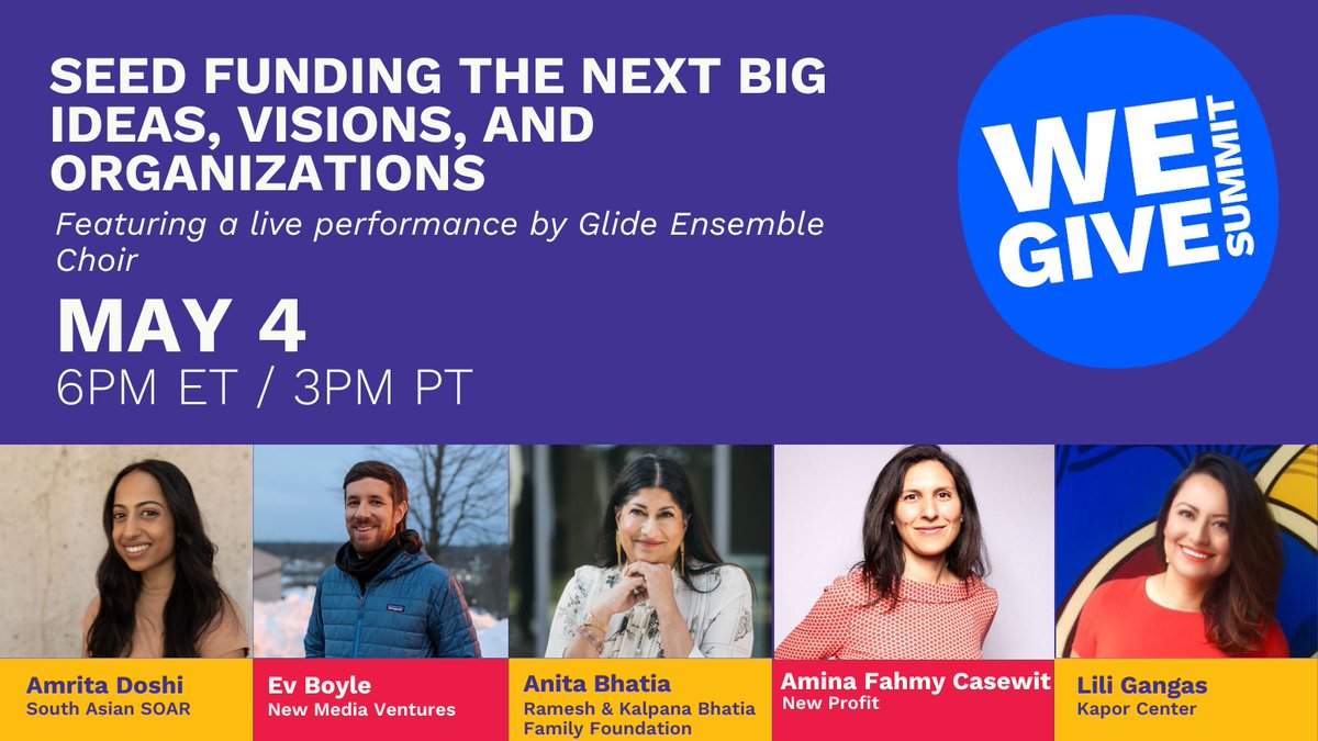 TODAY at 3pm PT/6pm PT! So excited to join and learn from this amazing group of panelists about finding and funding big and impactful ideas. Thanks @phil_together #WeGiveSummit for the opportunity! Join for free here: wegivesummit.org