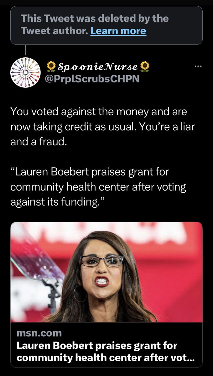 PrplScrubsCHPN's tweet photo. @RepBoebert Why did you delete your tweet bragging about getting money for the community center? Was it because it was a another one of your LIES?  #BoebertLies #FireBoebert https://t.co/TJZtDXk3Hl