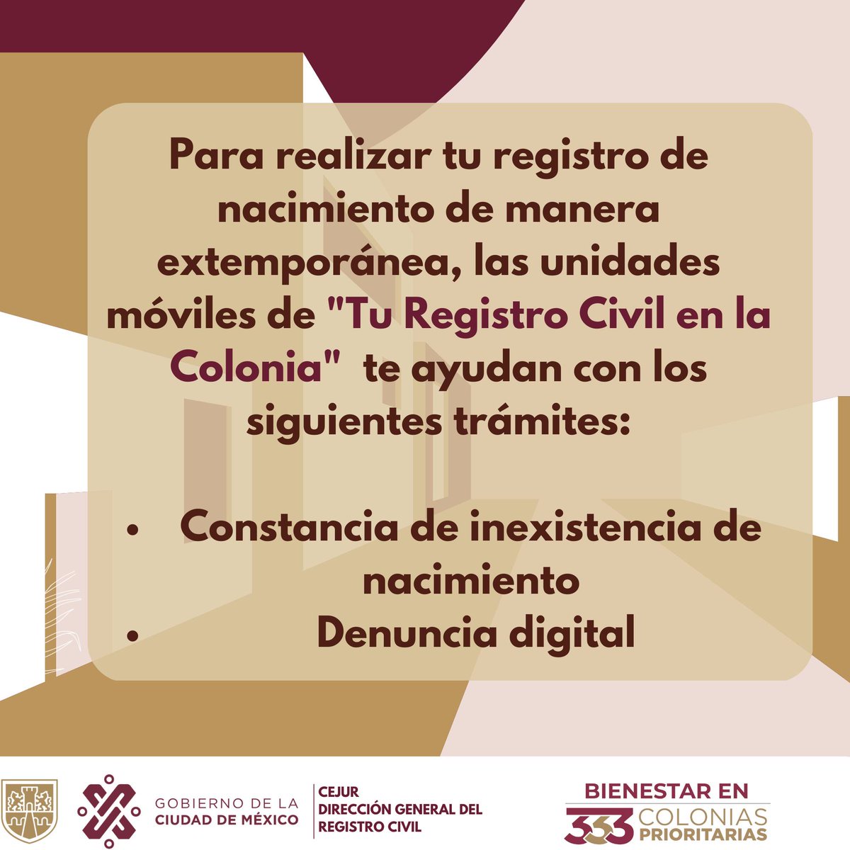 DGRCivilCDMX's tweet photo. #ElRegistroCivilInforma los trámites que puedes obtener de manera gratuita en las unidades móviles de la #DGRC con motivo de la campaña 333 Bienestar. #CiudadDeDerechos https://t.co/MWEhMyUDm7