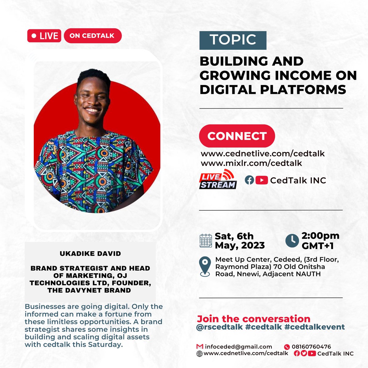 cedtvofficial's tweet photo. This Saturday at cedtalk by 2pm. Opportunity for every Entrepreneur @RaymondRuach @cednetlive @NnewiCity @lota_nna @NnewiConnect @MoghaluKingsley https://t.co/CMFZ9jpp6u