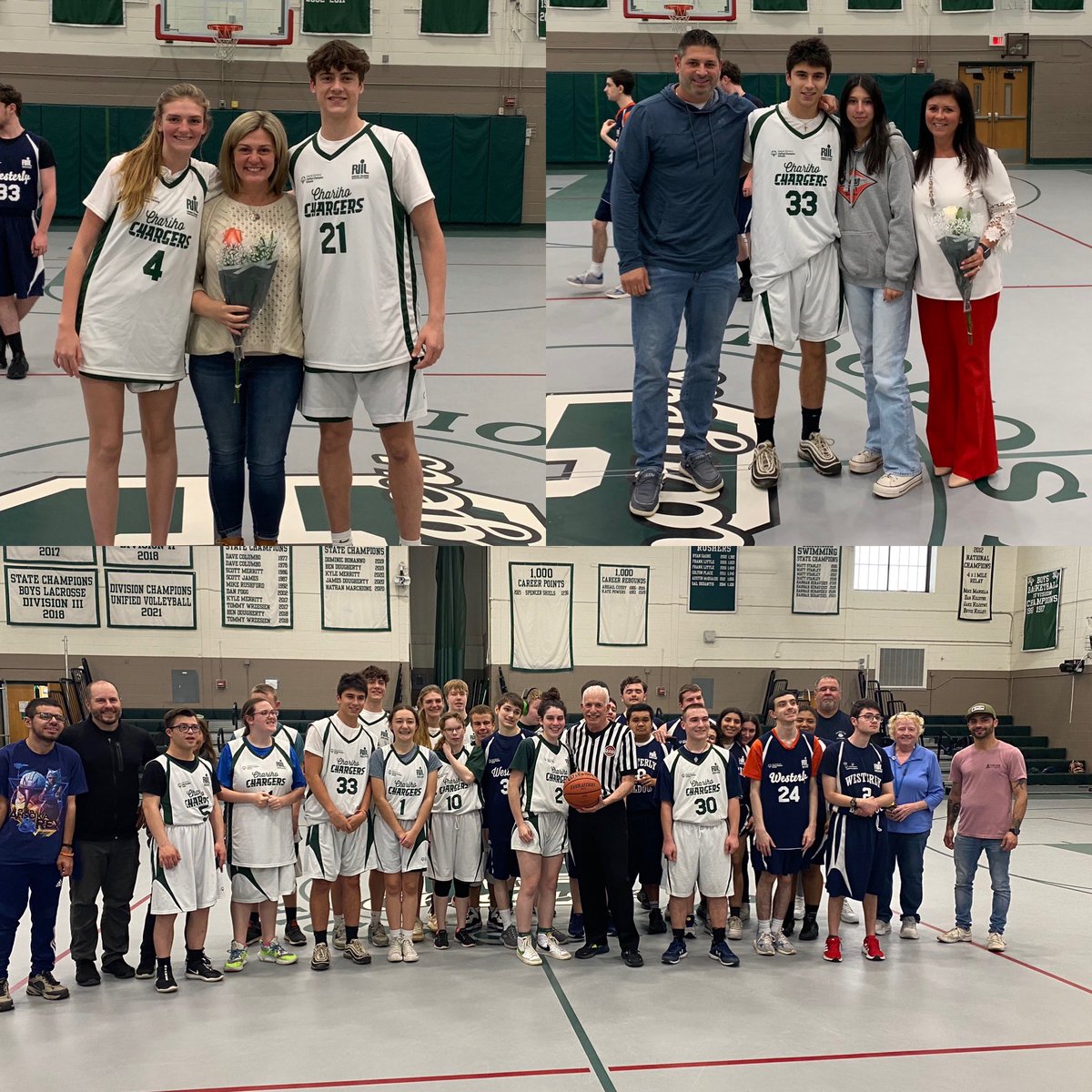 Senior Day @CharihoRegional for unified basketball. Chargers win 58-57 over @WPSBulldogs! Great game & effort by both teams. Special farewell to longtime @RIIL_sports official Skip Cannata for his 45yrs of dedicated service. Good Luck in CT, Skip..!! @GinaPicard @CharihoBoosters