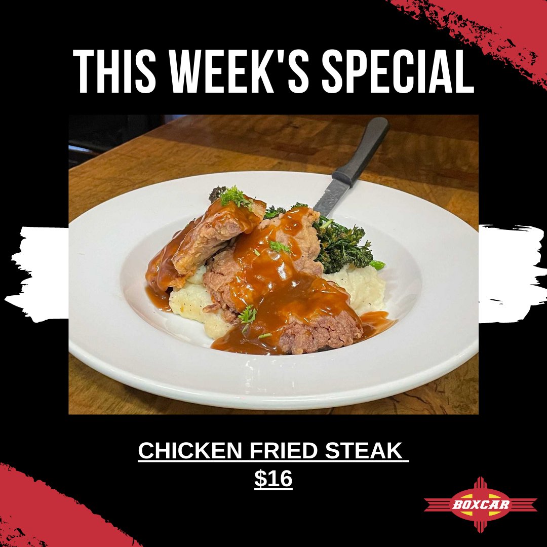 BoxcarSantaFe's tweet image. Craving some comfort? 

Our special this week is the ultimate comfort meal: Chicken fried steak with mash potatoes and broccolini + your choice of brown or white gravy.
Available through Monday, May 8 for just $16. #santafeevents #Boxcar