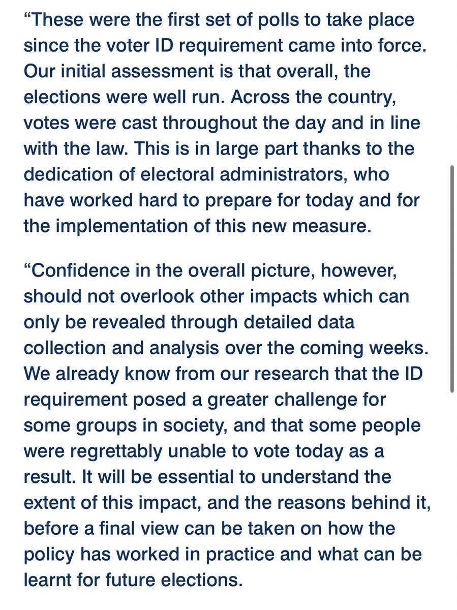 lewis_goodall's tweet image. Statement from Electoral Commission. They say overall the elections were “well run” but that voter- ID “posed a greater challenge for some groups in society and that some people were regrettably unable to vote as a result.”