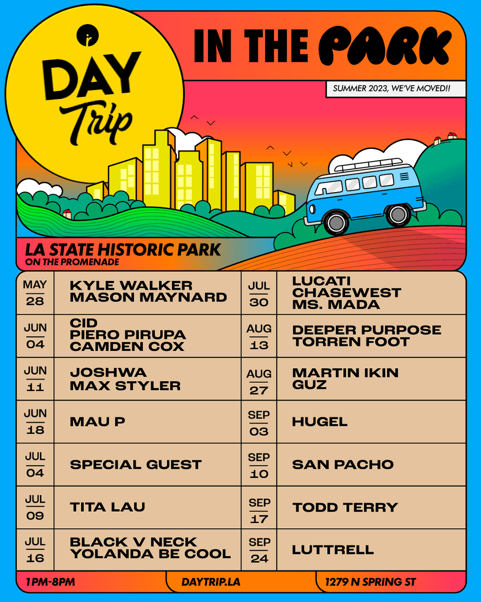 We’ve been partying on The Patio for 5 years &amp; it’s time to take things up a notch for year 6. We’re thrilled to announce we’re moving to LA State Historic Park (On The Promenade) for Summer 2023! Welcome to #DayTripinthePark ☀️🌳 All shows on sale now → daytrip.la