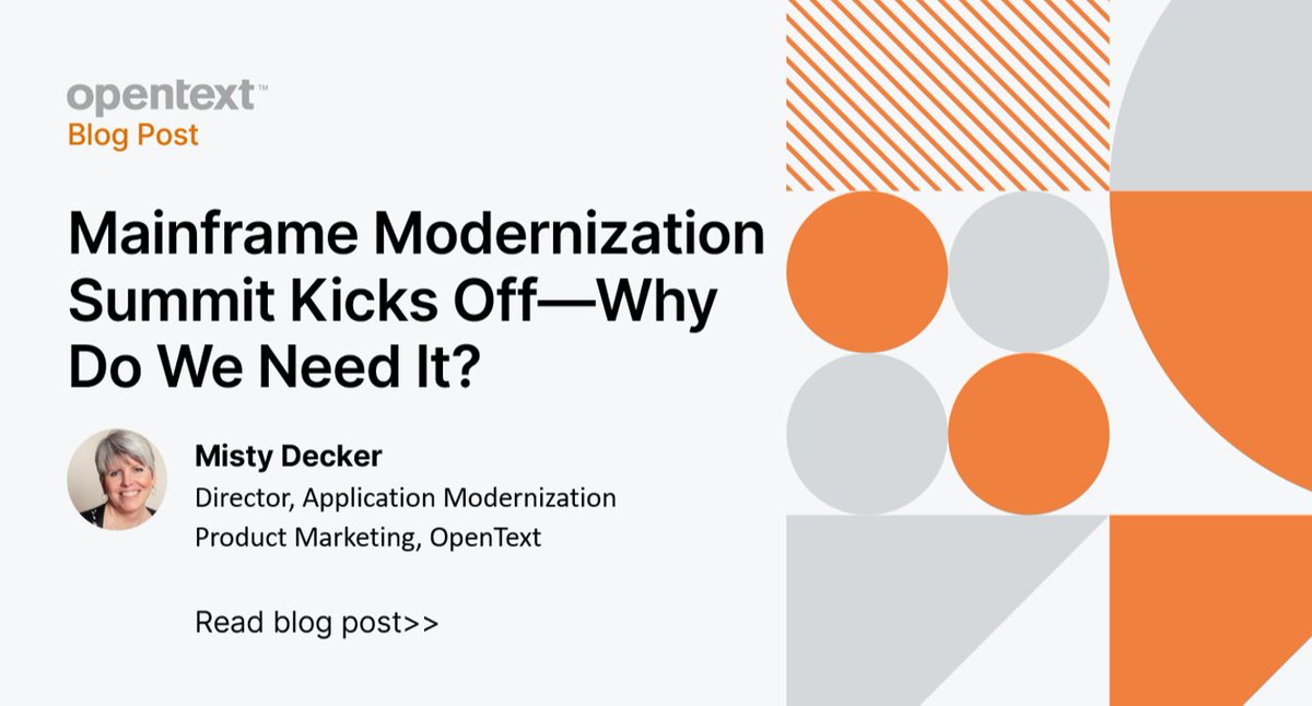 MistyMVD's tweet image. With so many opinions about the right journey to take to #modernize your mainframe applications, see why @OpenText's inaugural #MainframeMod23 is the best place to get unbiased info to help you make the right decision for your business.  #MyCompany bit.ly/3Vyxx5I
