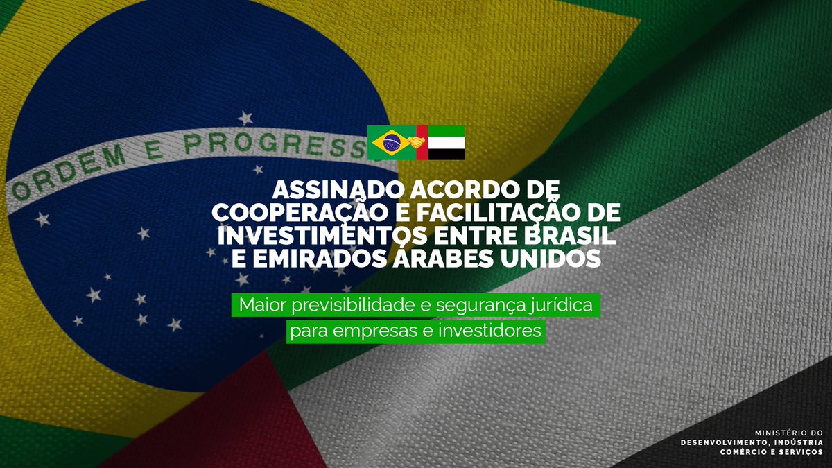 🇧🇷🇦🇪 O Congresso Nacional aprovou, nesta quinta-feira (4/5), o Acordo de Cooperação e Facilitação de Investimentos (ACFI) entre o Brasil e os Emirados Árabes Unidos, que oferece uma maior previsibilidade e segurança jurídica a empresas e investidores.