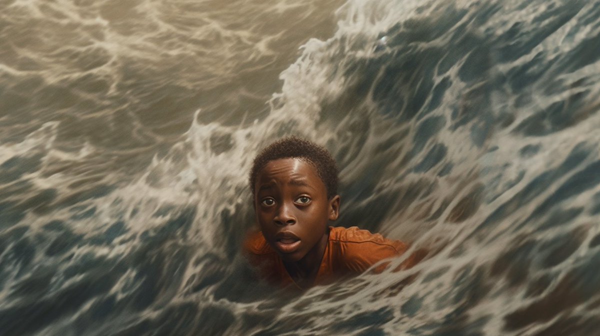 Scared #African boy swimming amidst waves in sea #generativecontent #generativeart #Smugglers #ArtificialIntelligence #migrants #Drowning #childhood @MSF @SOSMedFrance