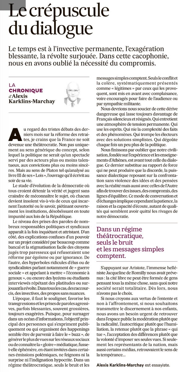 alexiskarklins's tweet photo. Notre démocratie est devenue une théâtrocratie comme Platon l'avait imaginé.
Il est urgent de retrouver le sens du dialogue, la modération, la raison et la recherche du compromis.
Chronique dans @LesEchos ⤵️ https://t.co/ldwsbJnFei