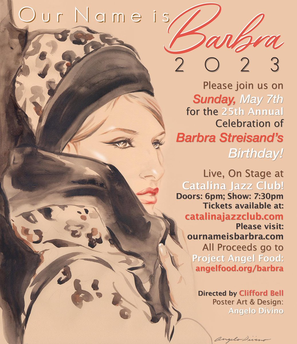 OUR NAME IS BARBRA 2023 is Sunday, May 7th. All proceeds to Project Angel Food. Tix available at catalinajazzclub.com  <a href="/catjazzclub/">Catalina Jazz Club - Hollywood</a> <a href="/barbrastreisand/">Barbra Streisand</a> <a href="/ProjAngelFood/">ProjAngelFood</a> <a href="/RichardAyoub/">RichardAyoub</a>
ournameisbarbra.com