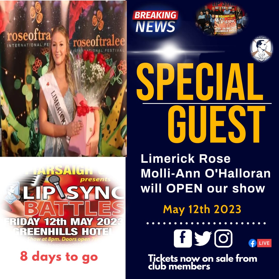 So proud that one of our own #Limerick #Rose Mollie-Ann will be our special guest opening our #LipsyncBattles  <a href="/NapGAA/">Na Piarsaigh GAA</a>  An evening of fun and laughter guaranteed 12th May Greenhills Hotel #Limerick get your tickets only €20
napiarsaighgaa.clubzap.com/products/11743…
#Limerickandproud