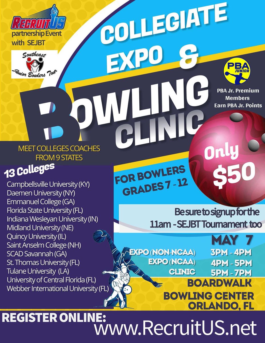 STU will be at the upcoming Collegiate Expo &amp; Bowling Clinic this Sunday, 5/7 in Orlando at Boardwalk Bowl… looking forward to meeting our high school bowlers from all around!