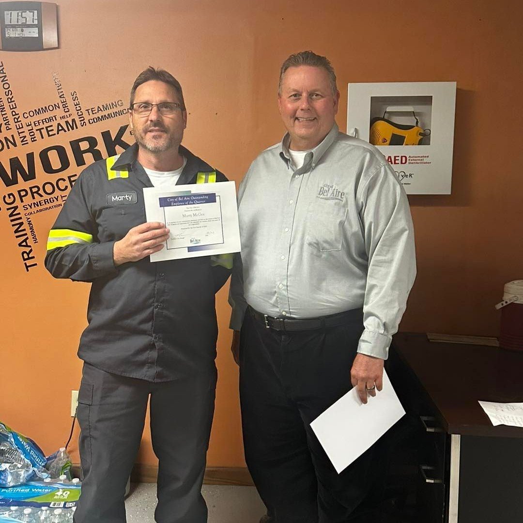 BelAireKS's tweet photo. Congratulations to Public Works Director Marty McGee! He was selected as the Employee of the Quarter for his leadership in the department and commitment to the community. If you've met Marty, you know he is always willing to help. 🤝 #BelAireProud https://t.co/bpXxsBVdhb