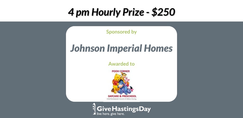 Congrats to Pooh Corner Daycare &amp; Preschool for winning the 4 pm hourly prize. An extra $250 will go to this nonprofit thanks to Johnson Imperial Homes. Thank you!
