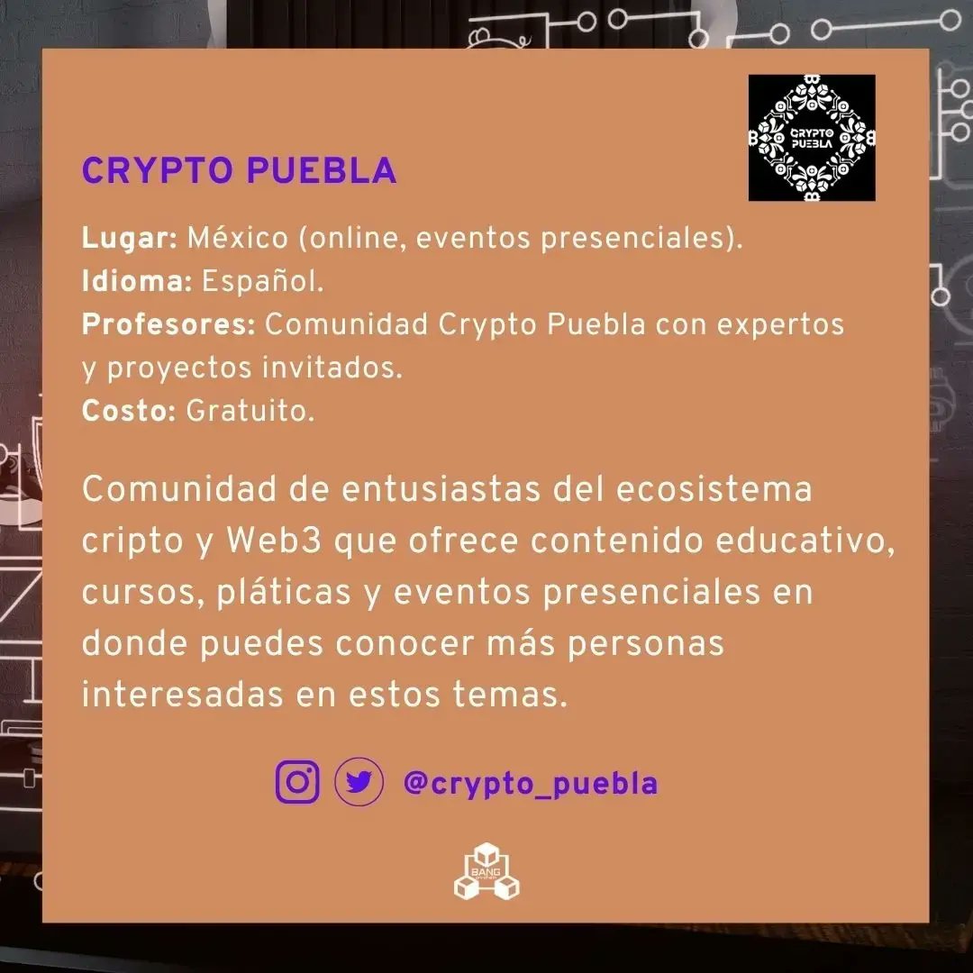 BangOnChain's tweet image. La comunidad de @crypto_puebla ofrece múltiples pláticas, cursos, talleres y eventos presenciales en conjunto con expertos y proyectos, para todos los interesados en el #criptoverso. ¡Me encanta todo lo que hacen!