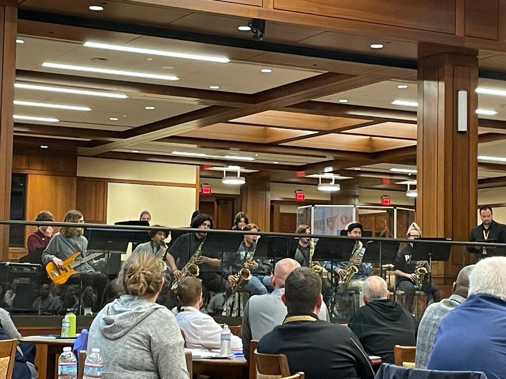 MhsUlrich's tweet photo. Senior Division Stage Band got an opportunity to perform for the leaders of Milton Hershey School this afternoon. This group rehearsed once a week for 45 min. before school for the last couple of months. It was a #daywon for this talented ensemble. @MhsSdbands https://t.co/2NF8Qdz9aX
