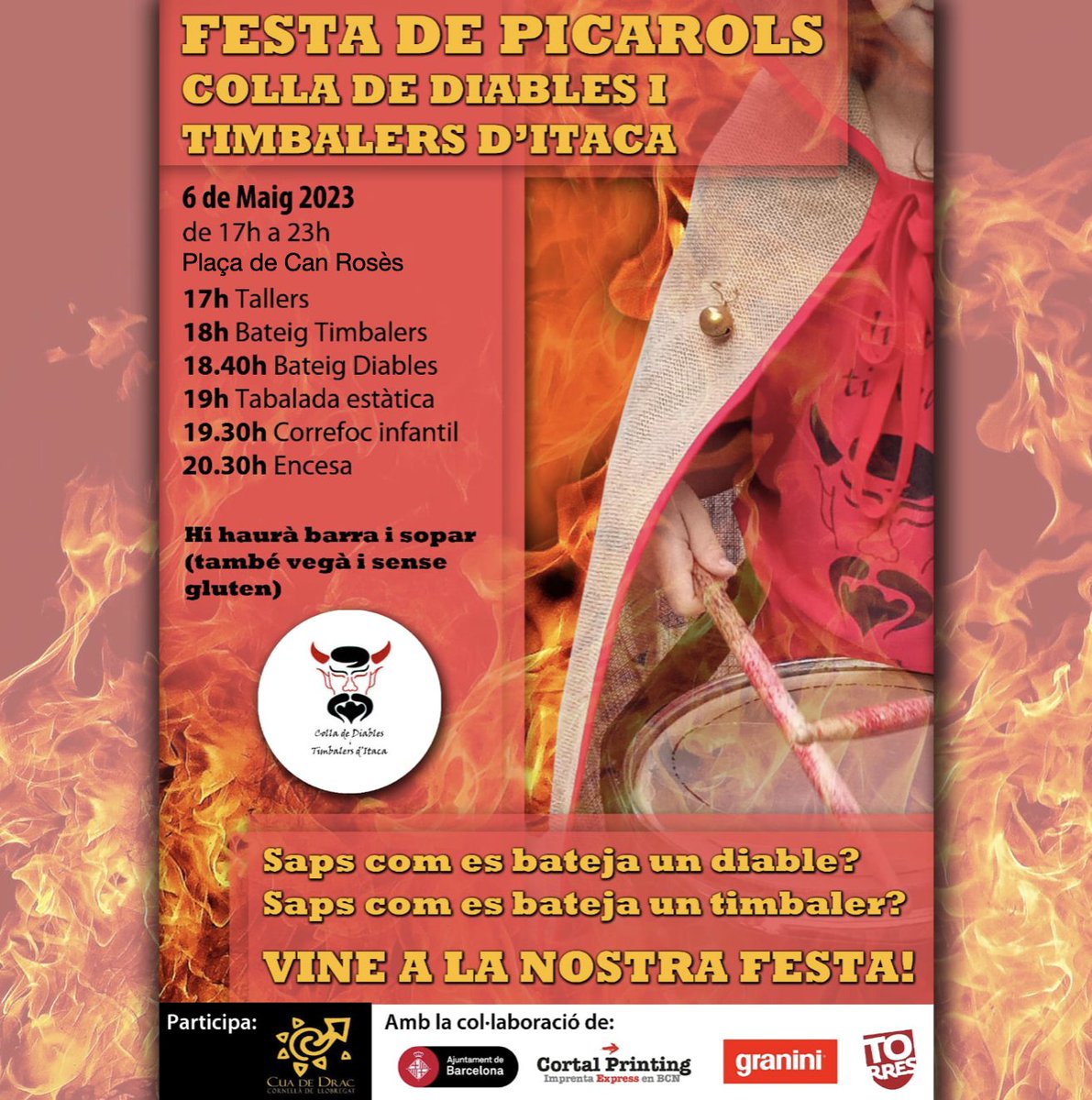 Recordeu que abans de la Primavera, aquest dissabte 6 de maig tenim Picarols a la Plaça de Can Rosès.
Vine a veure com es bategen els nous diables i timbalers de #LesCorts, i gaudeix dels tallers, la tabalada, el correfoc, barra i sopar.
#SomLesCorts #SomCultura