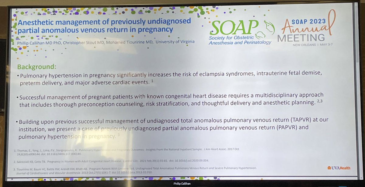 SSChiaoMD's tweet photo. New dx of PAPVR in pregnancy would certainly be a surprise. @mohtiou @PCallihanMDPhD @UVaAnesthesia #SOAPAM23 https://t.co/wuH4dOqLvQ