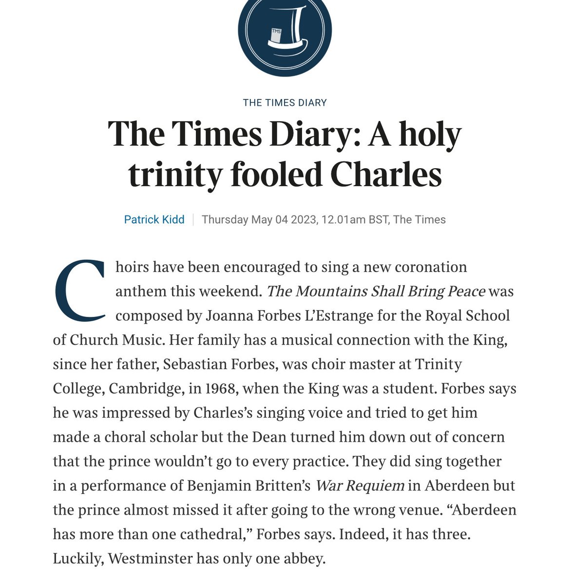 Nice mention of the ⁦@RSCMCentre⁩’s #singfortheking project in the ⁦@TimesDiary⁩ today With just 36 hours to go until the #coronation, choirs are continuing to register to take part in this shared celebration in uplifting song