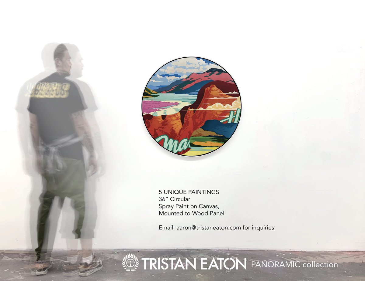For the first time in 4 years I’m making some originals available to the public. The PANORAMIC series features collaged landscapes and vistas executed with spray paint on circular canvases. Email: aaron@tristaneaton.com for inquiries