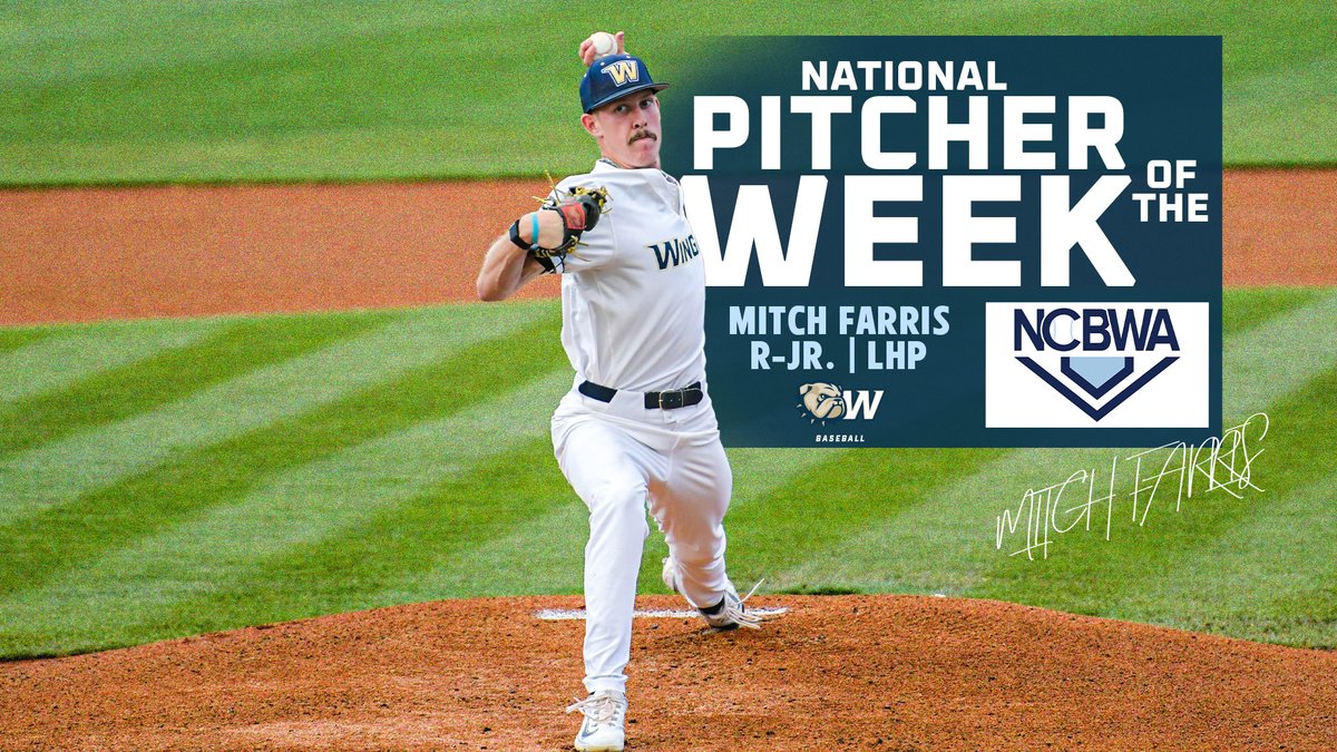WU_Bulldogs's tweet image. ANOTHER ONE!

For the second time this year, Mitch Farris is the @NCBWA NATIONAL PITCHER OF THE WEEK!!

The SAC Pitcher of the Year tossed a 2-hit shutout in the SAC Tourney win, moving to 11-1 on the year while lowering his ERA to 1.21!

Story | bit.ly/410S588

#Oneog