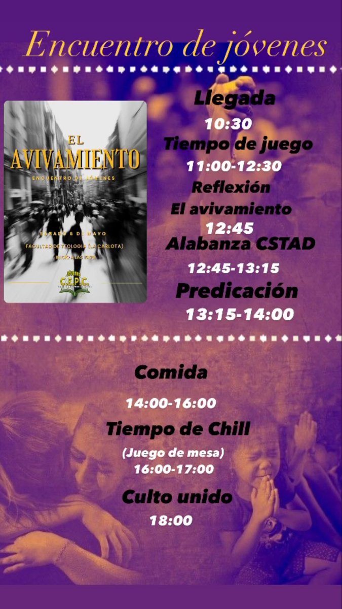 Esta semana un año más tenemos nuestra 42 EDICION CULTOS UNIDOS DE CORDOBA 2023, con el lema de EL AVIVAMIENTO. Tendran lugar los días 4,5 y 6 de esta semana.

La jornada del sábado tendremos  junto al programa principal en paralelo un programa especialmente de jóvenes.